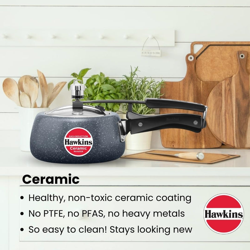 Hawkins 2 Litre Ceramic Nonstick Pressure Cooker, Induction Inner Lid Cooker, Granite Contura shaped Cooker, Blue (ICC20)