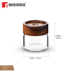 Bergner Acadia Borosilicate Glass Jars with Solid Wood Lid, Set of 2 Jars, 120ml Each, For Storing and Preserving Sugar, Flour, Tea, Coffee, Spices, Biscuits, Oats | Multipurpose Container for Kitchen
