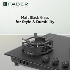 Faber Della 3 Burner 72Cm Hob |Auto Ignition|Brass Burner| Cast Iron Pan Support |Hob/Cooktop Hybrid| Matt Black Glass F
