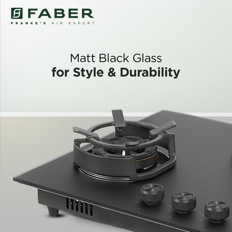 Faber Della 3 Burner 72Cm Hob |Auto Ignition|Brass Burner| Cast Iron Pan Support |Hob/Cooktop Hybrid| Matt Black Glass F