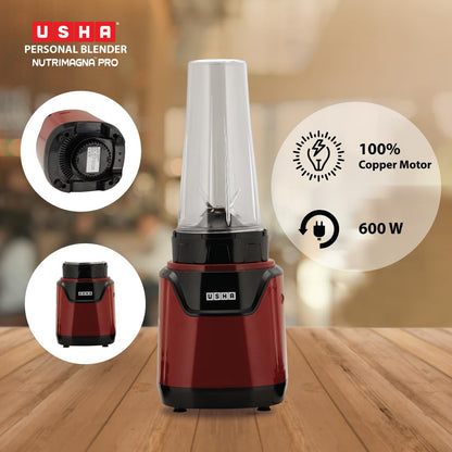 USHA Blender Nutrimagna Pro | 600W |On the Go Blender| Stainless steel blades| Spill proof spout and store lid | 2 blade assembly | Maroon