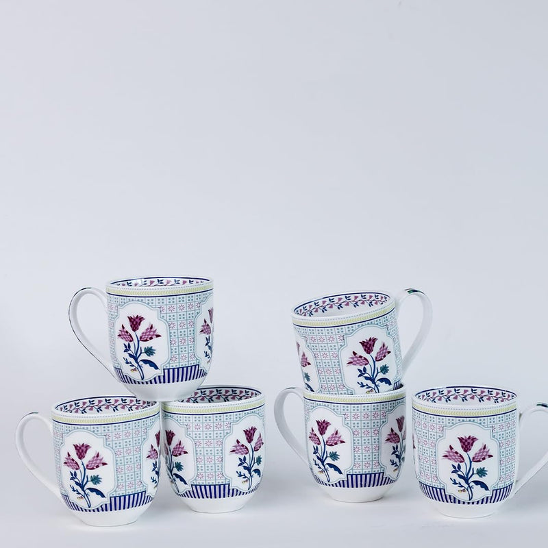 Magique by The Wishing Chair x ClayCraft : Bouquet Tulip Garden Coffee Mugs Set of 6 – 250 ml Fine Ceramic Tea Cups | Lightweight Floral Bone China Mugs | Microwave & Dishwasher Safe | Daily Use