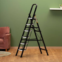 BonKaso Climb Lite Pro+ 6 Step - Foldable Ladder with Tool Tray (125W x 185H Cm)| Heavy-Duty, Anti-Slip & Firm Grip, Load Capacity Upto 120kg | Durable & Portable (Aluminium Steps, Yellow & Satin)