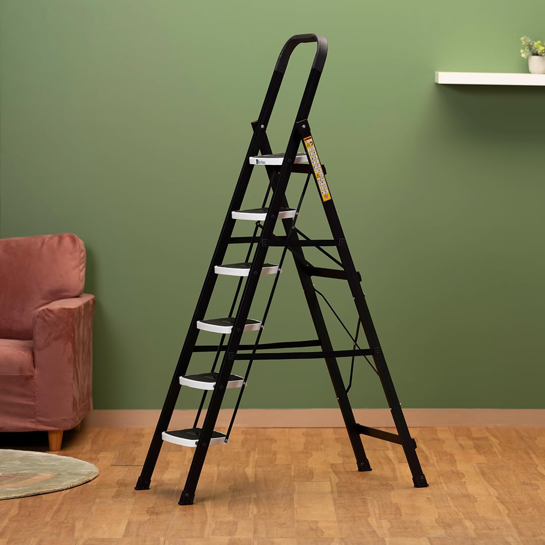 BonKaso Climb Steady Premium Alloy Steel Heavy Duty Multipurpose Foldable 7 Step Ladder with Connecting Frame & Belt Support, Load Capacity Upto 120kg | for Home and Outdoor - (Orange)