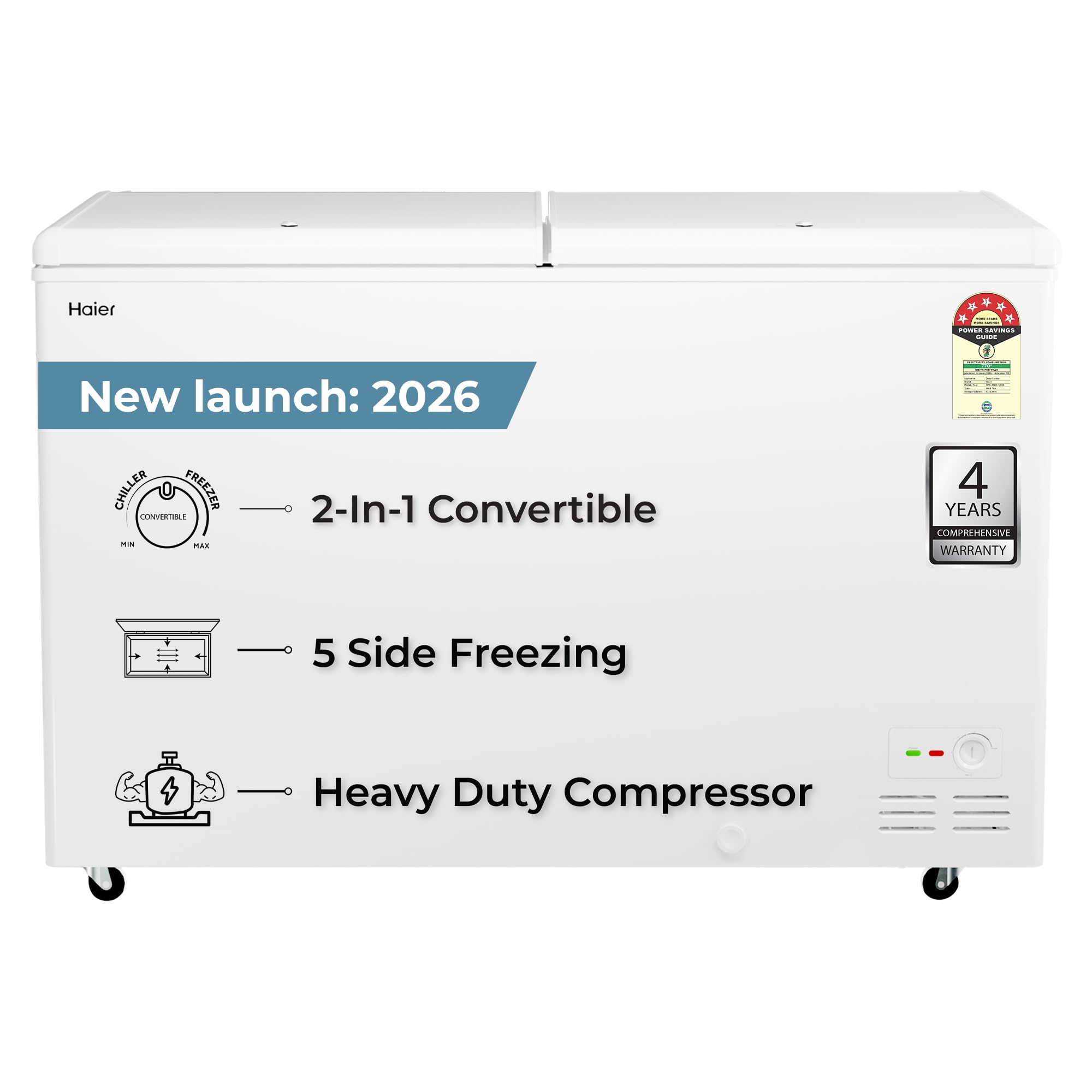Haier HFC-500DM5, 5 Star Rating Double Door Convertible Deep Freezer, 5 Side Freezing, Dual Condenser, Inside Metal Liner with 70mm Puff Thickness (White 439L)