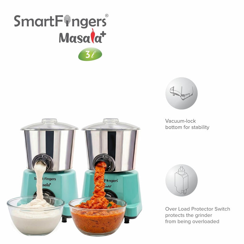 SmartFingers Masala + Table Top Wet Grinder 230V, 3 Liter, Green with Coconut Scrapper & Atta Kneader Attachment | Hands-Free Batter Dispenser | Top Wiper, 220W Motor | 5 Years Warranty | AISI 304