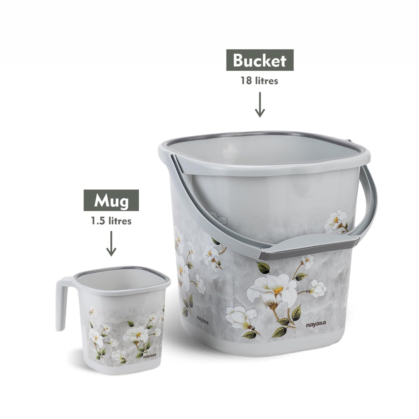 Nayasa Square Ring Marble Plastic Bucket Set for Bathroom | Bucket and Mug (18 Liters & 1.5 Liters) | Bathroom Set of 2 | Bathroom Accessories Set | Grey