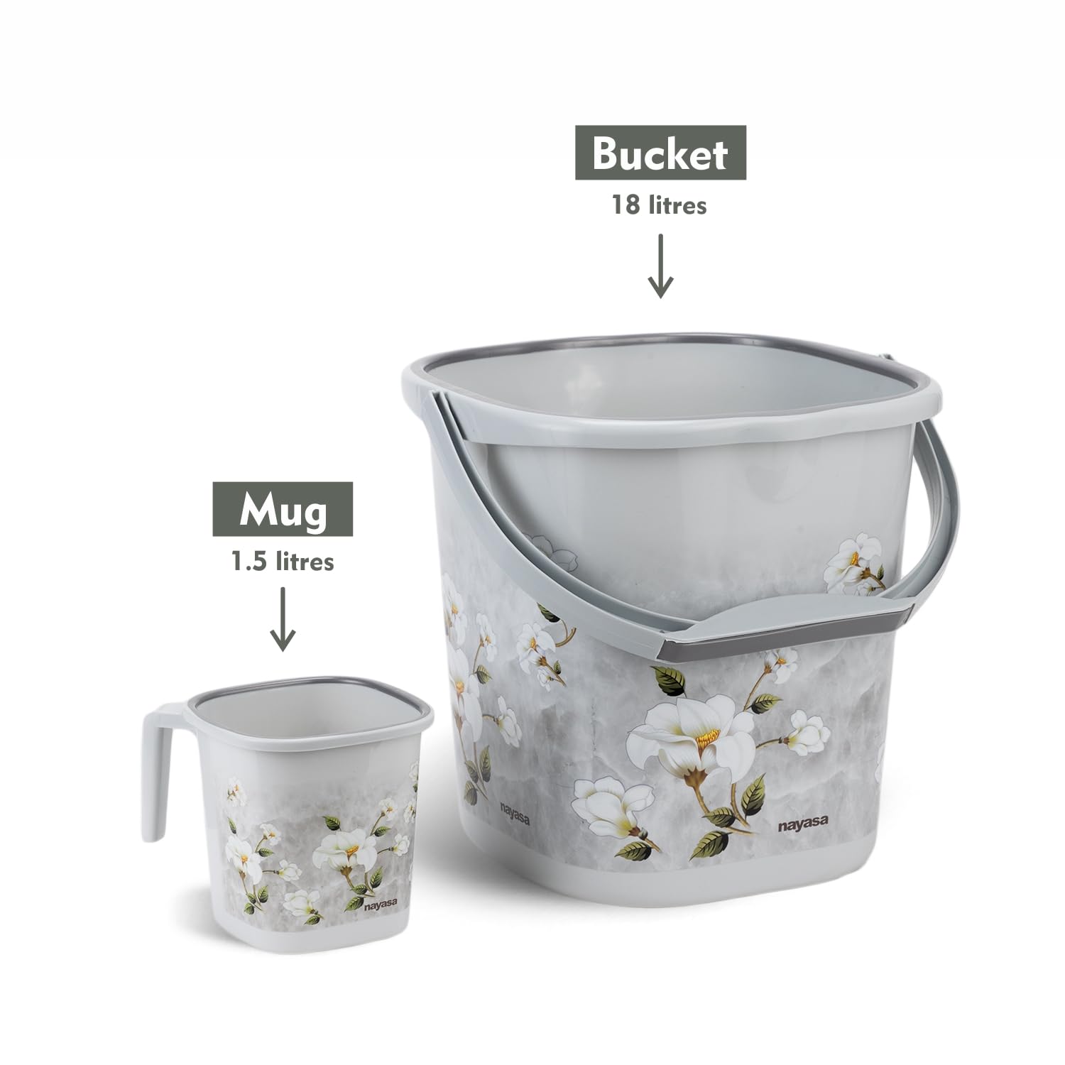 Nayasa Square Ring Marble Plastic Bucket Set for Bathroom | Bucket and Mug (18 Liters & 1.5 Liters) | Bathroom Set of 2 | Bathroom Accessories Set | Grey