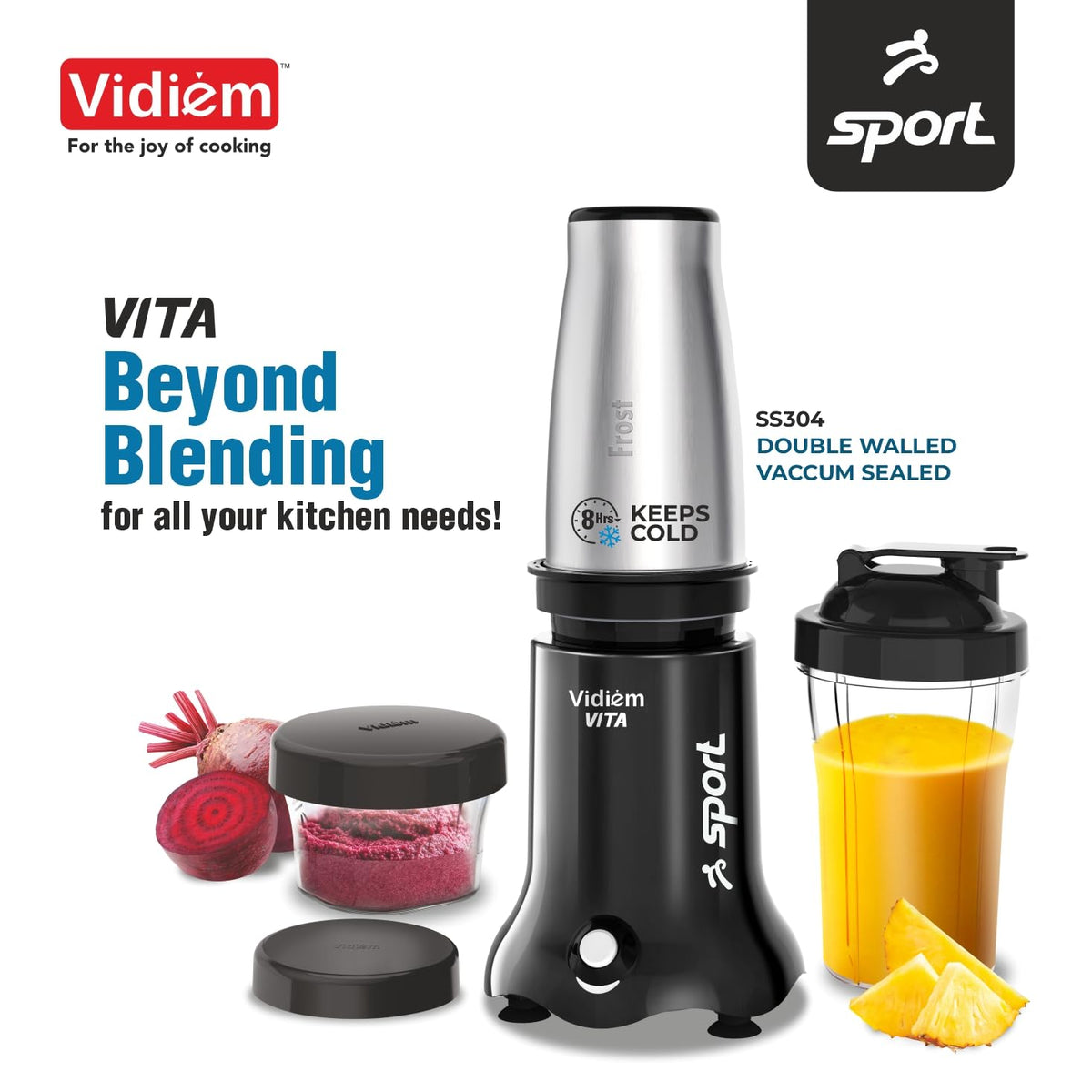 Vidiem VITA Sport 500 W Personal Blender/Mixer/Grinder/Smoothie Maker | 22000 RPM Aria CoolTec Motor | 3 Jars (600 ml SS