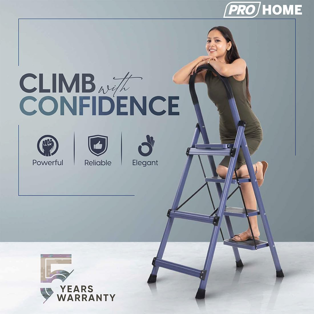 PROHOME Steel Ladder for Home 4 Steps Foldable with Anti-Skid Wide Steps (30cm x 20cm) | 4 Step Ladder for Home Use with D-Shape Rods | Secure Lock | 150 Kg Capacity Folding Ladder | 5 Year Warranty