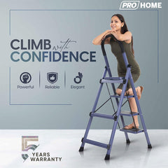 PROHOME Steel Ladder for Home 4 Steps Foldable with Anti-Skid Wide Steps (30cm x 20cm) | 4 Step Ladder for Home Use with D-Shape Rods | Secure Lock | 150 Kg Capacity Folding Ladder | 5 Year Warranty