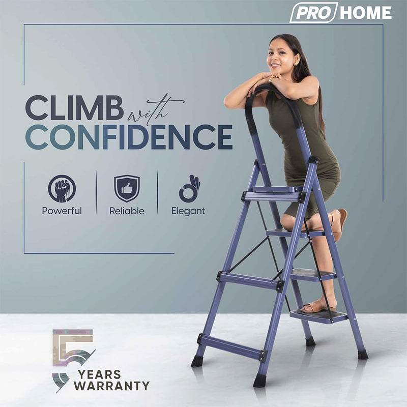PROHOME Steel Ladder for Home 4 Steps Foldable with Anti-Skid Wide Steps (30cm x 20cm) | 4 Step Ladder for Home Use with D-Shape Rods | Secure Lock | 150 Kg Capacity Folding Ladder | 5 Year Warranty