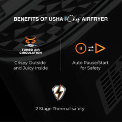 USHA Ichef Air Fryer 4.5L, 10 In 1 Functions: Air Frying, Baking, Roasting, Grilling, Thawing, Slow, Toasting And Air Drying |Turbo Air Circulation|Oil Free Cooking (Black), 1350 Watts