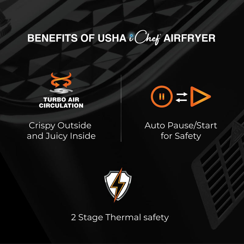 USHA Ichef Air Fryer 4.5L, 10 In 1 Functions: Air Frying, Baking, Roasting, Grilling, Thawing, Slow, Toasting And Air Drying |Turbo Air Circulation|Oil Free Cooking (Black), 1350 Watts