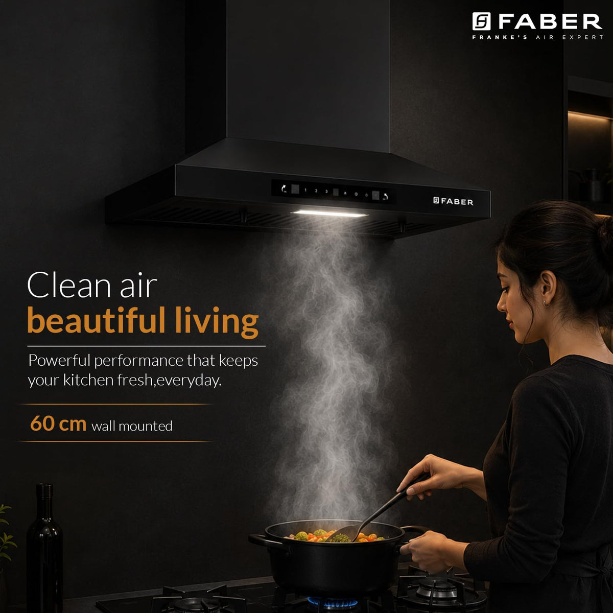 Faber Pluto 60 cm 1000 m³/hr Wall Mounted Kitchen Chimney | Baffle Filter | Touch Control | LED Lights | 1 Year Comprehe