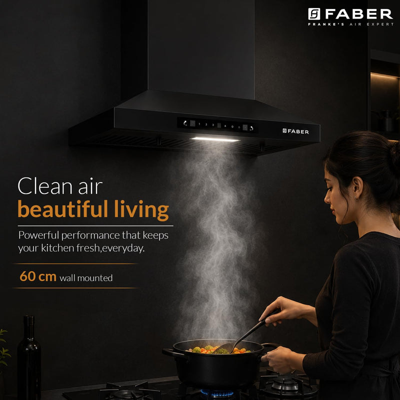 Faber Pluto 60 cm 1000 m³/hr Wall Mounted Kitchen Chimney | Baffle Filter | Touch Control | LED Lights | 1 Year Comprehe