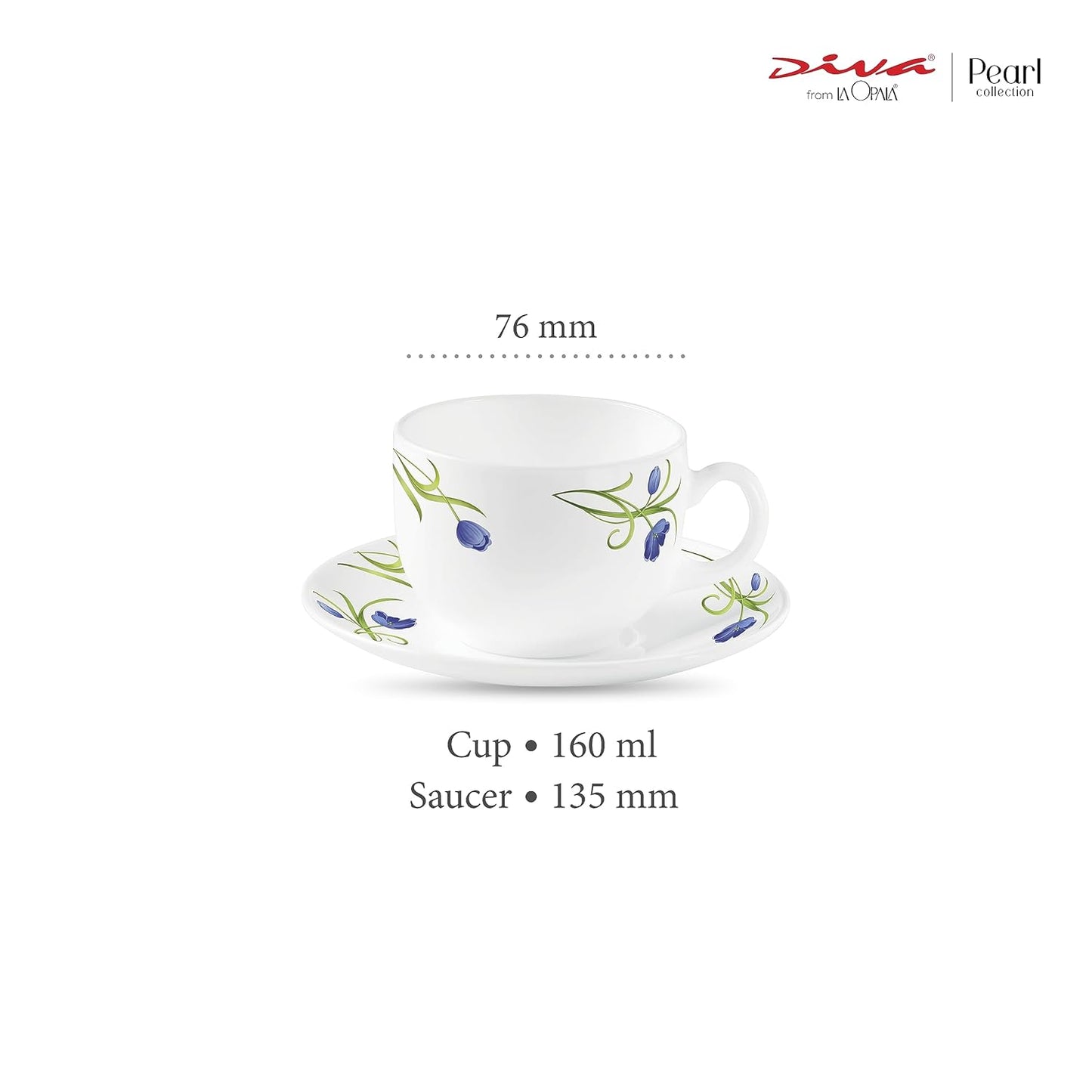 La Opala Diva, Pearl Collection Opal Glass Crockery | Cup & Saucer, Set of 12 | Turquoise Trims, 160 ml | for Tea & Coffee | Microwave Safe | 100% Vegetarian | Extra Strong | Super Light | Super White