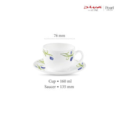 La Opala Diva, Pearl Collection Opal Glass Crockery | Cup & Saucer, Set of 12 | Turquoise Trims, 160 ml | for Tea & Coffee | Microwave Safe | 100% Vegetarian | Extra Strong | Super Light | Super White