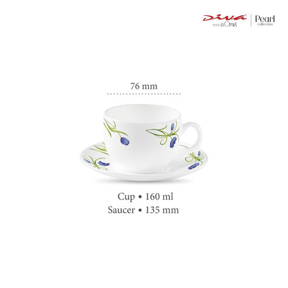 La Opala Diva, Pearl Collection Opal Glass Crockery | Cup & Saucer, Set of 12 | Turquoise Trims, 160 ml | for Tea & Coffee | Microwave Safe | 100% Vegetarian | Extra Strong | Super Light | Super White