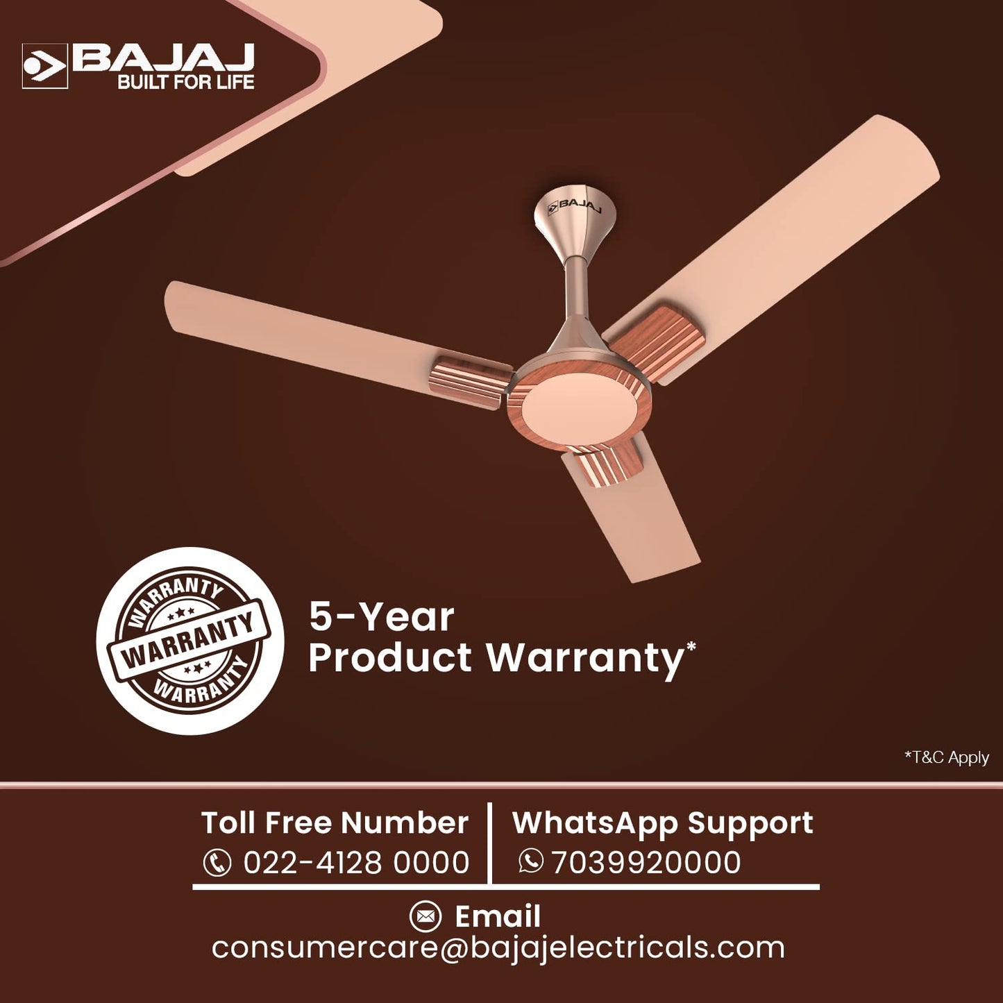 Bajaj Artisan 12S2 1200MM Ceiling Fans for Home | BEE-2 Star Rated Energy Efficient | SUPER 5TUFF TECHNOLOGY™ | SumoTuff Blades | High Air Delivery & High Speed | 5-Yrs Warranty 【Rosewood】