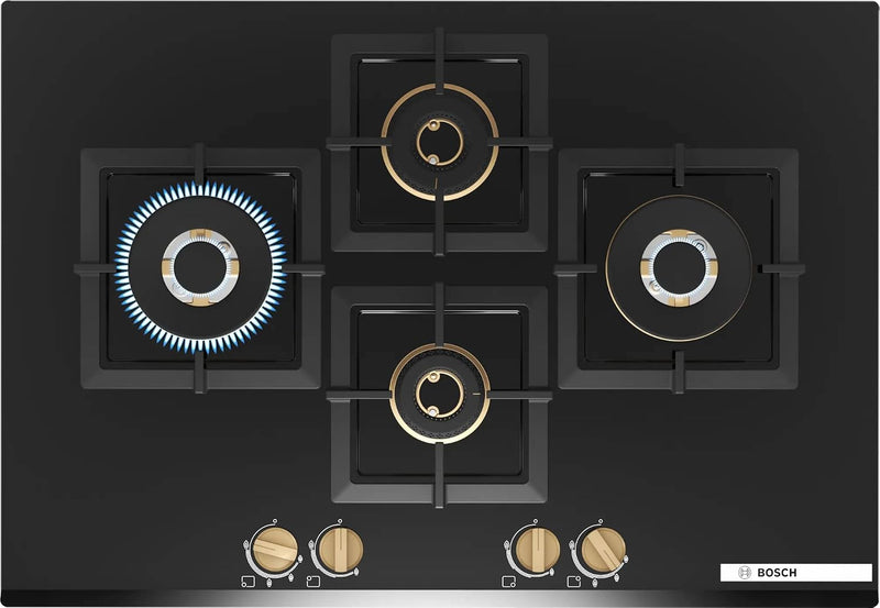 Bosch Built in Gas Hob Black Tempered glass Glass 4 Burner Auto Ignition 75 cm Full Brass 3D Ring Burners with Matt Black Heat Shields & Cast Iron pan supports (PNI7B6G20I)