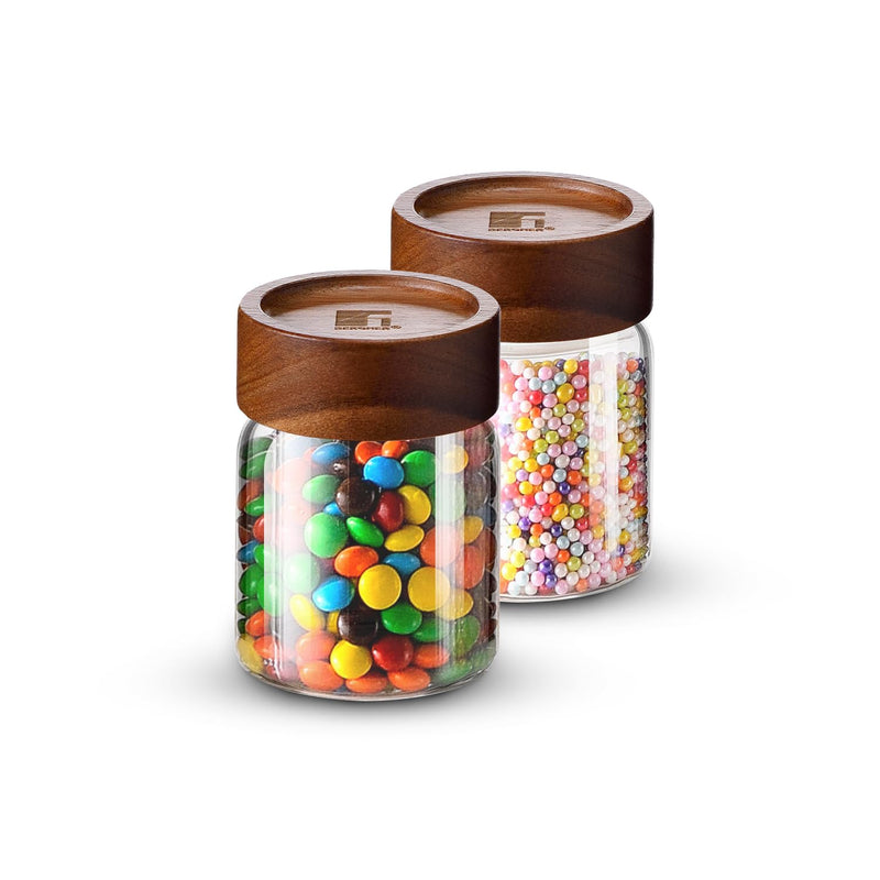 Bergner Acadia Borosilicate Glass Jars with Solid Wood Lid, Set of 2 Jars, 120ml Each, For Storing and Preserving Sugar, Flour, Tea, Coffee, Spices, Biscuits, Oats | Multipurpose Container for Kitchen