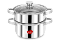 Pigeon by Stovekraft Steel X Steamer Stainless Steel Induction Base, Modak Maker/Momo Maker, Dual Compartment With Glass