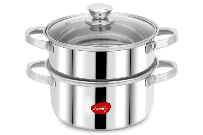 Pigeon by Stovekraft Steel X Steamer Stainless Steel Induction Base, Modak Maker/Momo Maker, Dual Compartment With Glass
