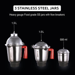 USHA Thunderbolt Pro 1000W with 3 Jars, 100% Copper Ball-Bearing Motor, Handsfree operation, 3 Jars, 3-Speed Setting with Inching option, 5 Years Warranty on Motor (Red)