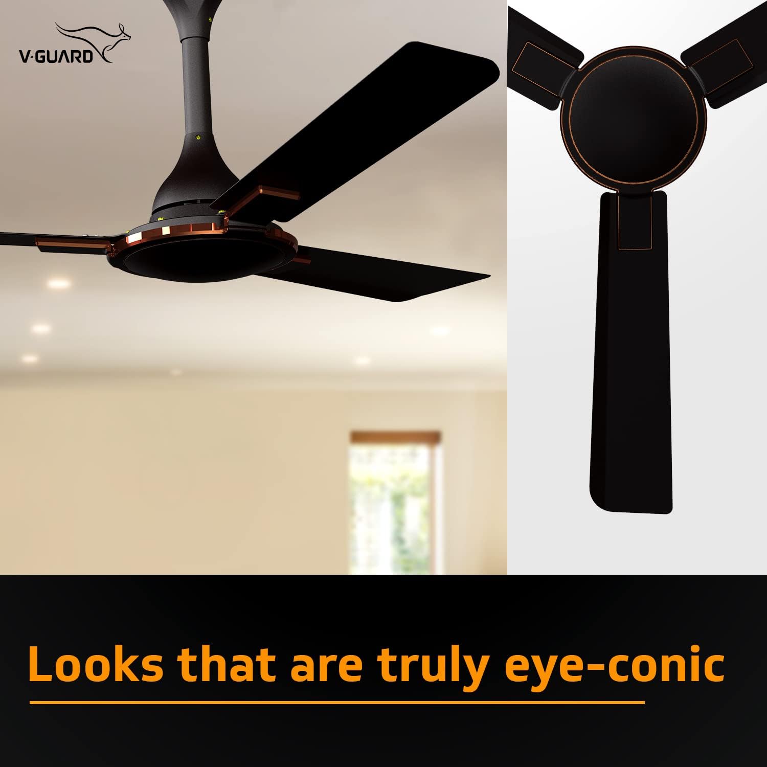 V-Guard Enlance VX Anti Dust High Speed Designer Ceiling Fan| Energy Efficient |1200mm Sweep | 340 RPM Speed l 100% Copper Motor | Dust Repellent Technology (CHOCO BROWN GLO)