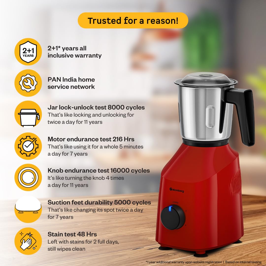 Atomberg Xiana 750 Watt Mixer Grinder | 3 Multipurpose Stainless Steel Jars | Coarse Mode for Silbatta-like Textures | Powerful Intelligent Motor | Easy Fault LED Indication | Fiery Red