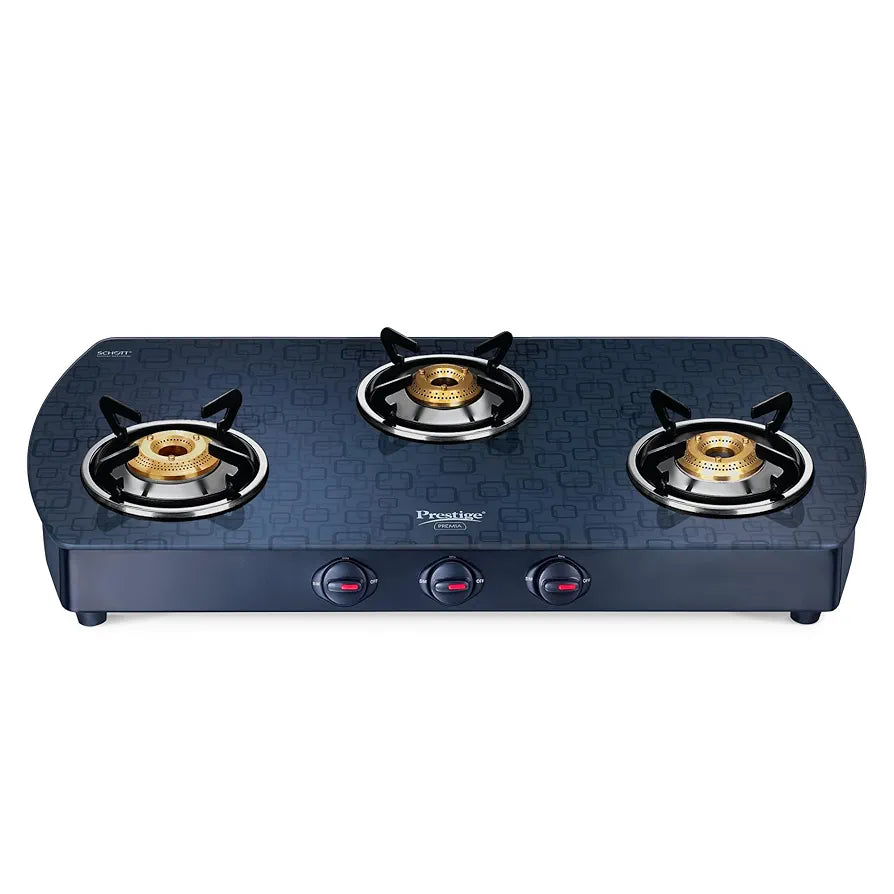 Prestige Premia Schott Glass-Top GTS 03L   3 Brass Burner Gas Stove | Black | Ergonomic Knob | SABAF Gas Valves | Individual Pan Support | Tri-Pin Burners