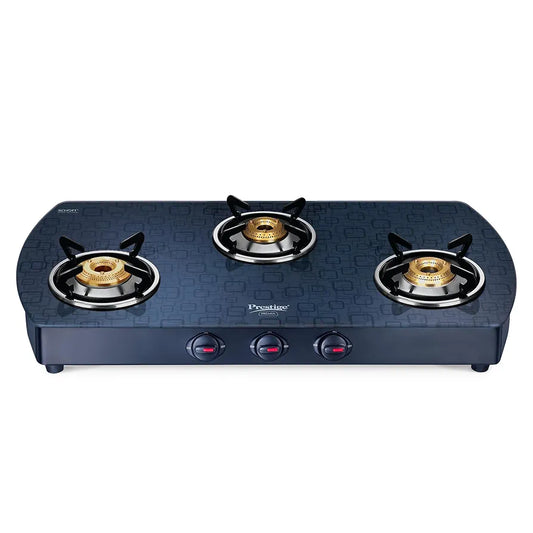 Prestige Premia Schott Glass-Top GTS 03L   3 Brass Burner Gas Stove | Black | Ergonomic Knob | SABAF Gas Valves | Individual Pan Support | Tri-Pin Burners