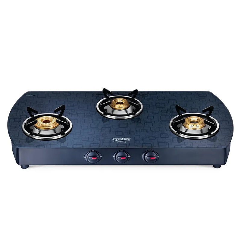 Prestige Premia Schott Glass-Top GTS 03L   3 Brass Burner Gas Stove | Black | Ergonomic Knob | SABAF Gas Valves | Individual Pan Support | Tri-Pin Burners
