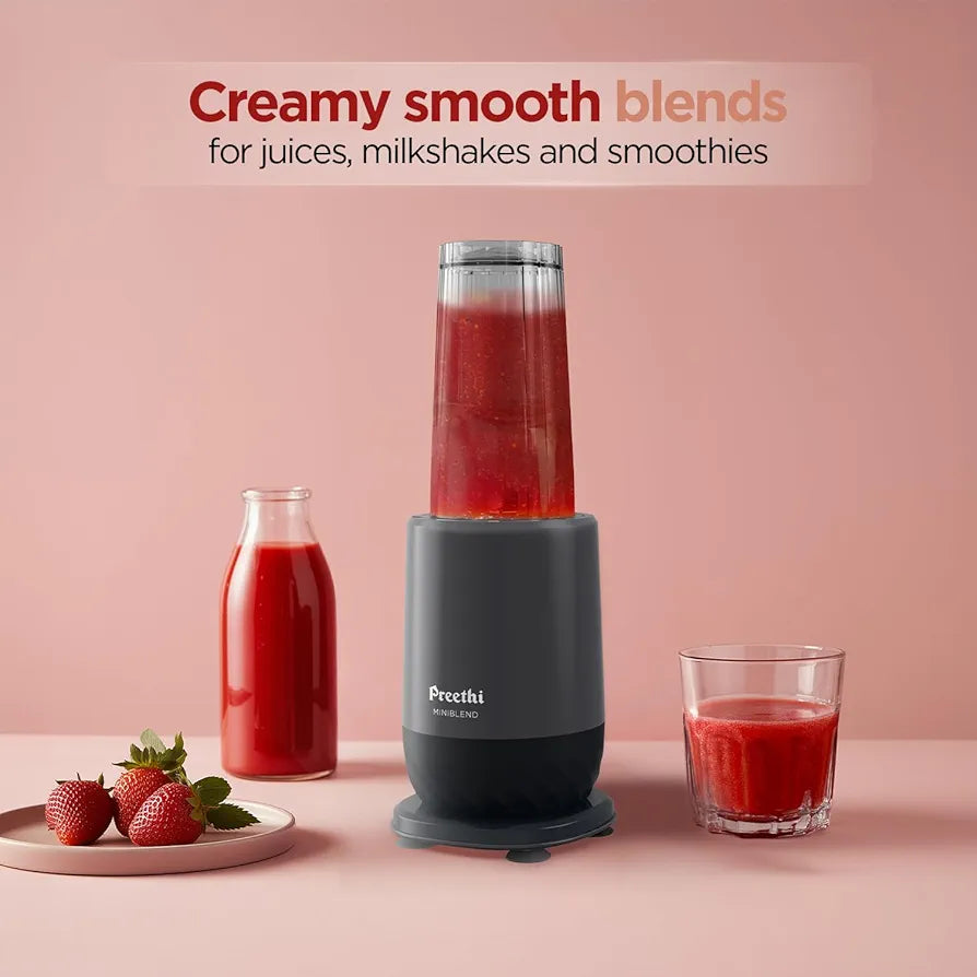 Preethi MiniBlend Compact Food and Juice Blender for Lump Free Purees, Smoothies and Protein Shakes | Razor sharp Ninja blades with 2 Leak-proof Jars, Sipper & Storage Lids | Free Lifelong Service