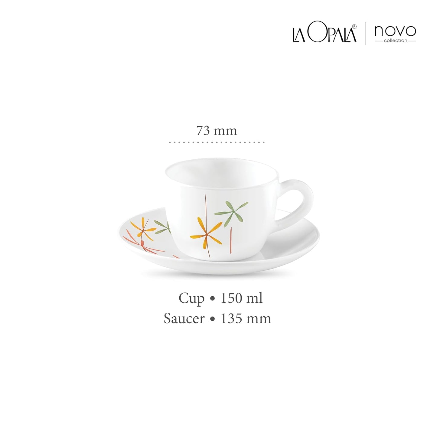 La Opala, Novo Collection Opal Glass Crockery | Cup & Saucer Princess, Set of 12 | Autumn Flower, 150 ml | for Tea & Coffee | Microwave Safe | 100% Vegetarian | Extra Strong | Super Light & White