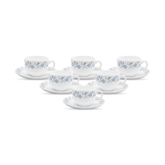 La Opala Diva, Opal Glass Crockery | Cup & Saucer Iris Regular, Set of 12 | Grace Blue, 160 ml | for Tea & Coffee | Microwave Safe | 100% Vegetarian | Extra Strong | Super Light | Super White