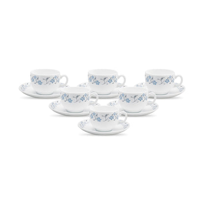 La Opala Diva, Opal Glass Crockery | Cup & Saucer Iris Regular, Set of 12 | Twilight Bouquet, 160 ml | for Tea & Coffee | Microwave Safe | 100% Vegetarian | Extra Strong | Super Light | Super White