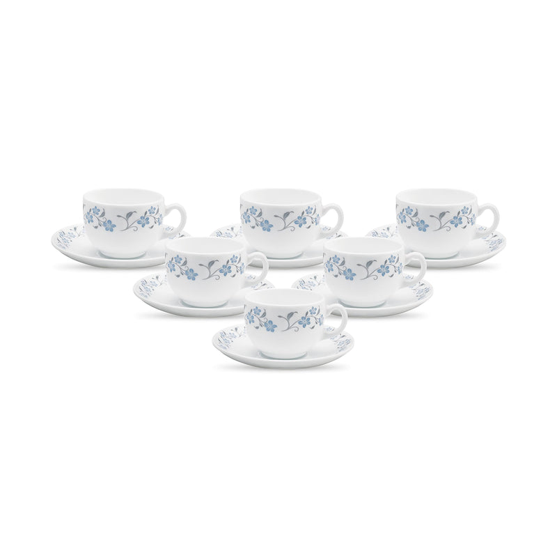 La Opala Diva, Opal Glass Crockery | Cup & Saucer Iris Regular, Set of 12 | Morning Glory, 160 ml | for Tea & Coffee | Microwave Safe | 100% Vegetarian | Extra Strong | Super Light | Super White