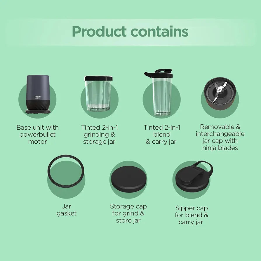 Preethi MiniBlend Compact Food and Juice Blender for Lump Free Purees, Smoothies and Protein Shakes | Razor sharp Ninja blades with 2 Leak-proof Jars, Sipper & Storage Lids | Free Lifelong Service
