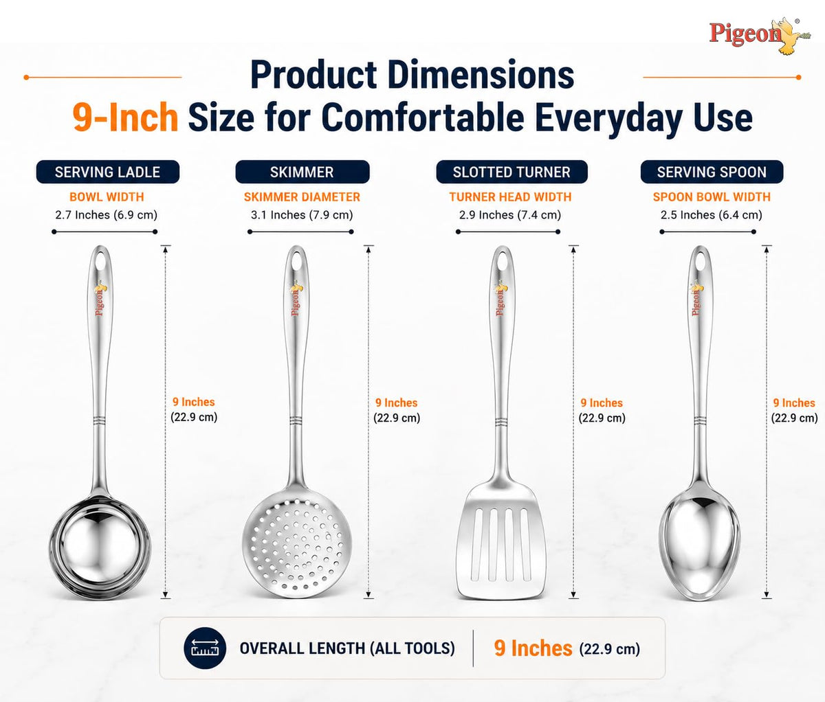 Pigeon-4Pcs Stainless Steel Kitchen Tools Set for Kitchen Cooking and Serving Set of 4|Oval Spoon(Karchhi)|Skimmer(Jhara