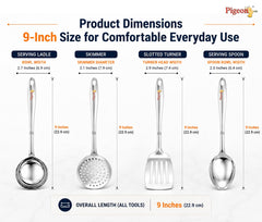 Pigeon-4Pcs Stainless Steel Kitchen Tools Set for Kitchen Cooking and Serving Set of 4|Oval Spoon(Karchhi)|Skimmer(Jhara