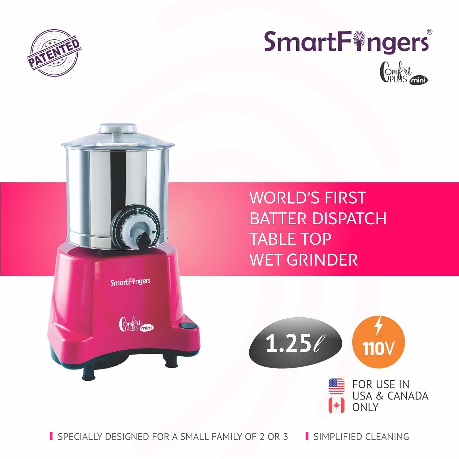SmartFingers Stainless Steel Comfort Plus Table Top Magic Wet Grinder 110V 60Hz (1.25 L) For Usa Canada And Japan Only, Pink