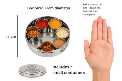 Dynore Stainless Steel Round Pooja Box - Mandir Roli, Chawal,Chandan, Kumkum Puja Mandir Box, Dibbi with 7 Containers- Set of 2