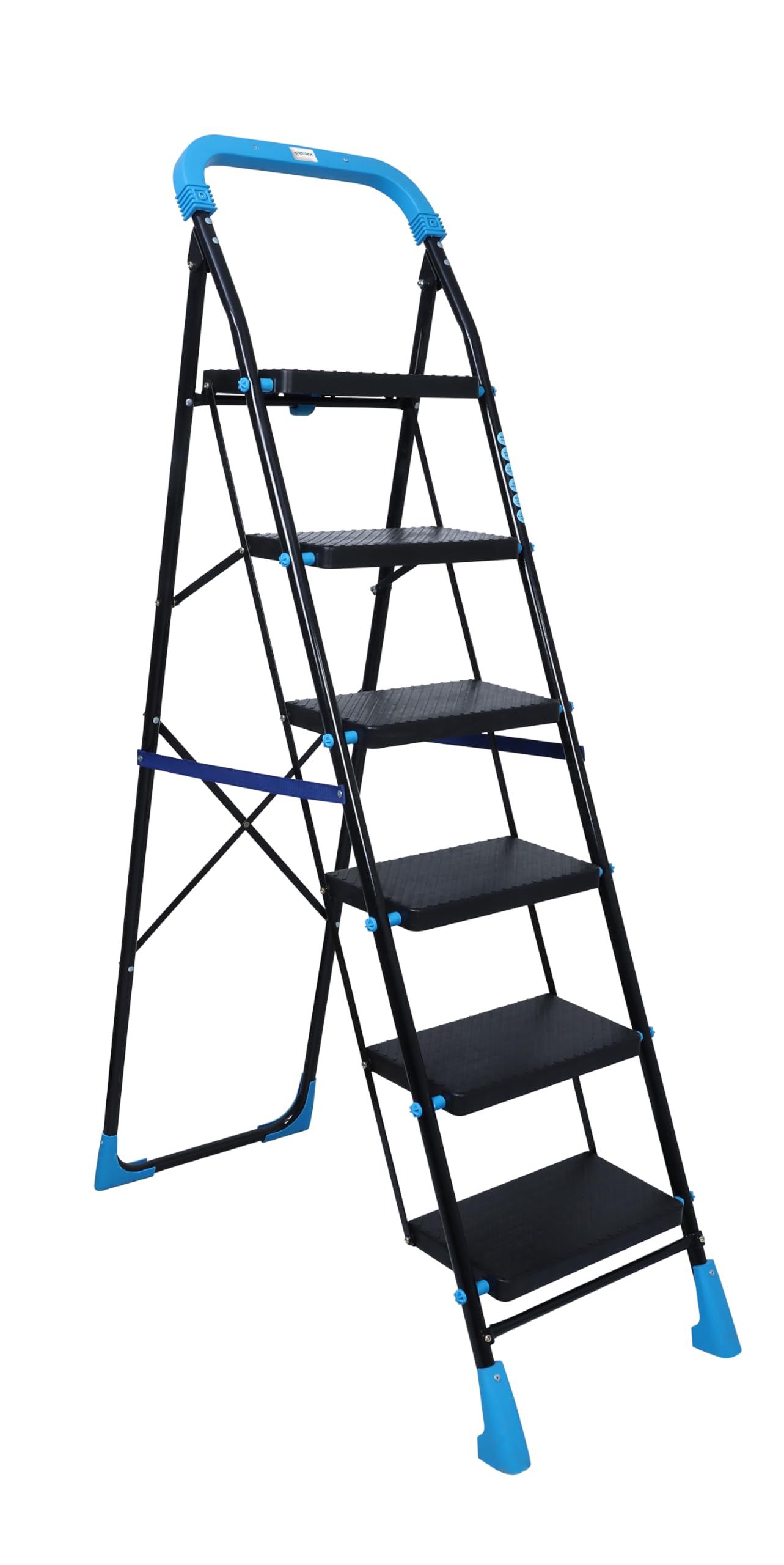 Plantex Stylo Heavy-Duty Mild-Steel Folding 4 Step Ladder for Home with Advanced Locking System/Wide Anti-Skid Step Ladder (Black & Blue)