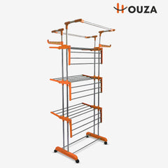 HOUZA Stainless Steel Clothes Drying Stand | 4 Layer Foldable Cloth Dryer Stand with Wheels | 6 Foldable Wings - Orange