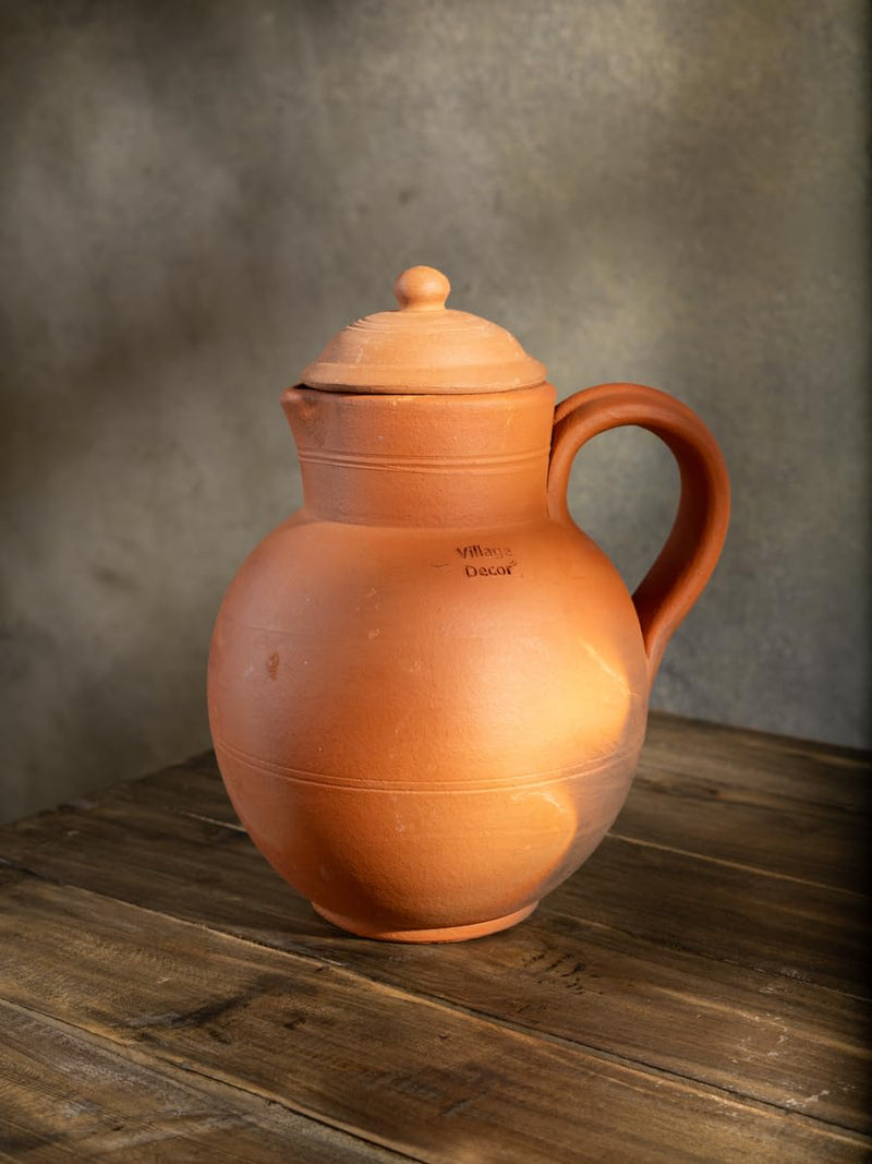 Village Decor Handmade Terracotta Preseasoned Clay Classic Water jug 1.5-2 Liter (Clay jug with lid)