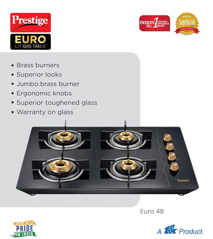 Prestige Euro Glass Top Gas Stove with Toughened Glass Top, Powder Coated Body, 4 Burners, Manual, Black, Brass