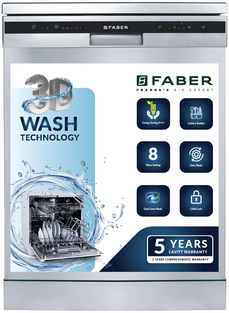Faber 12 Place Dishwasher | 6 Wash Programs | Adjustable & Foldable Racks | Salt & Rinse Aid Indicators | Aqua Stop | En