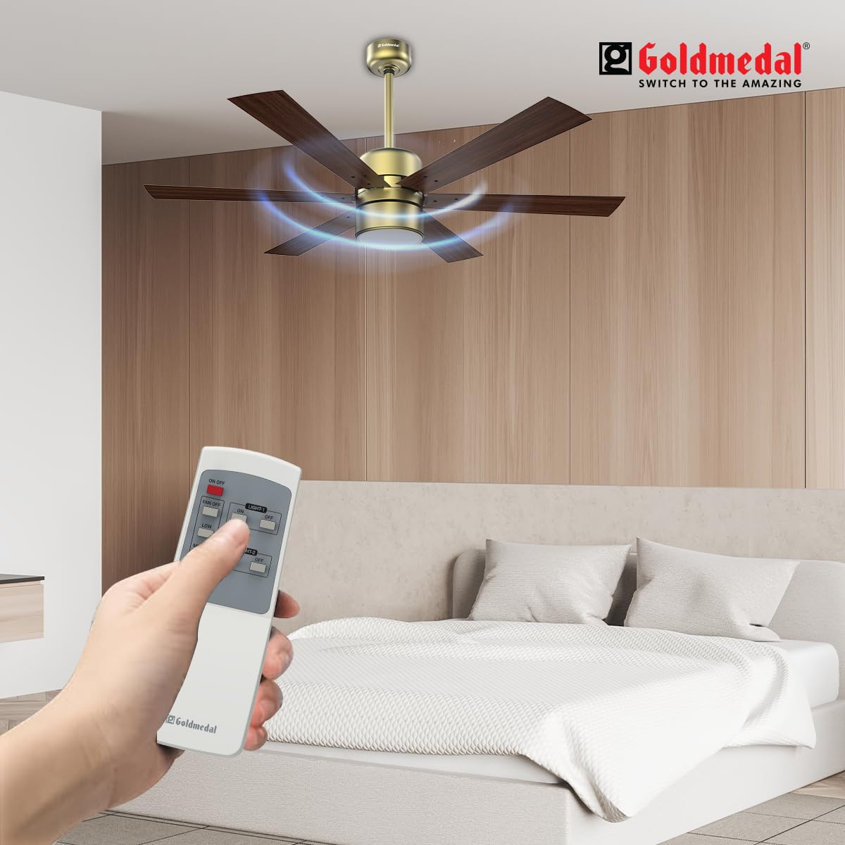 Goldmedal Phantom 6 Blade 1200 mm Ceiling Fan with Underlight & Remote (Brass Dark Wood)
